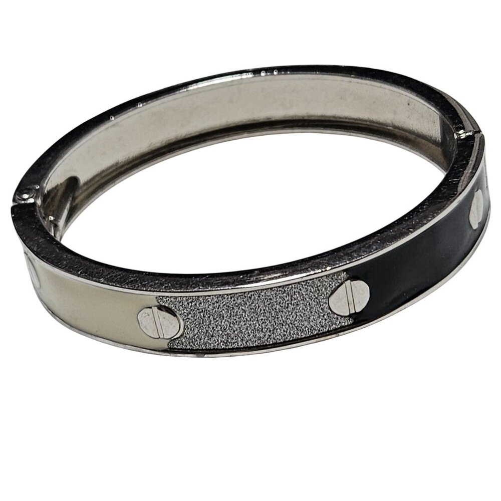 Vintage Silver Tone Hinged Bangle Bracelet Black White Enamel Classic Minimalist